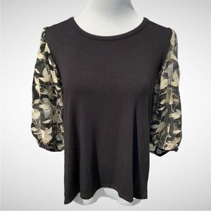 Kim & Cami Dressy Gold Leaf Blouse Sheer Sleeves